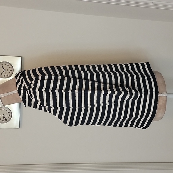 Talbots Size PM, Navy Blue And Ivory Striped, Mock Neck, Puff Sleeves, EUC - Picture 3 of 9